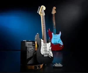 Image of a Fender Stratocaster guitar made from LEGO in a Crowdsourcing Week blog